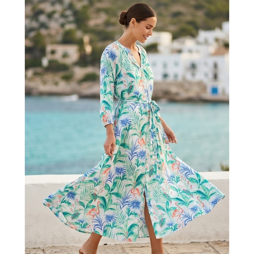 J. McLaughlin S Daniella Flamingo Palm Cotton Maxi Dress White Green Blue NWT